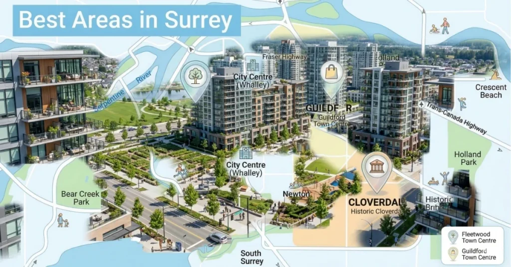 Map showing best areas in Surrey BC for real estate investment